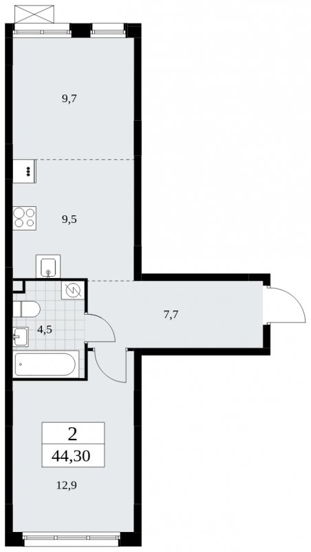 2-комнатная квартира (евро) с частичной отделкой, 44.3 м2, 2 этаж, сдача 3 квартал 2025 г., ЖК Дзен-кварталы, корпус 2.2 - объявление 1932408 - фото №1