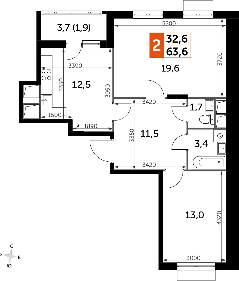 2-комнатная квартира без отделки, 63.6 м2, 3 этаж, дом сдан, ЖК UP-квартал Римский, корпус 7 - объявление 2272464 - фото №1