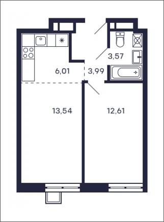 1-комнатная квартира без отделки, 39.72 м2, 22 этаж, сдача 2 квартал 2025 г., ЖК Квартал Тетрис, корпус "Квартал Тетрис 2.1" - объявление 1707681 - фото №1