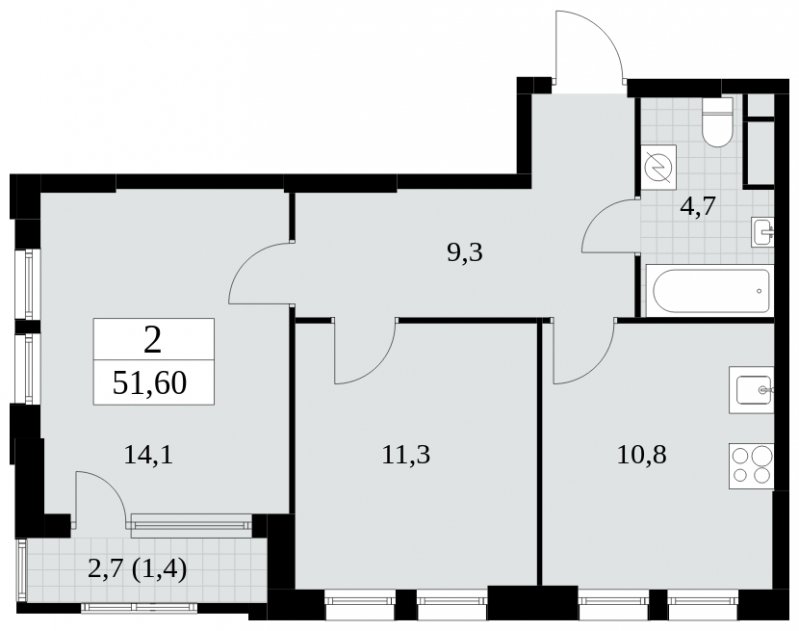 2-комнатная квартира с частичной отделкой, 51.6 м2, 11 этаж, сдача 2 квартал 2025 г., ЖК Южные сады, корпус 2.1 - объявление 1759984 - фото №1