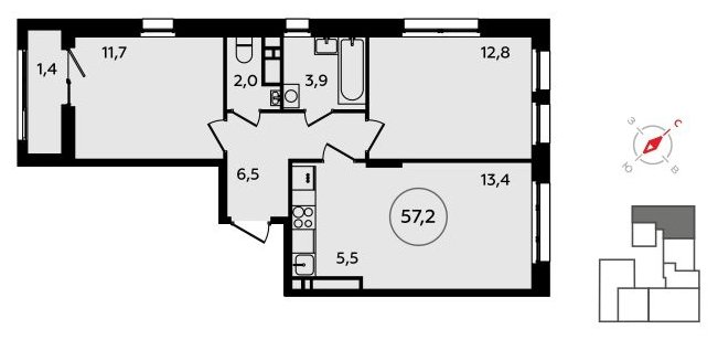 3-комнатная квартира (евро) без отделки, 57.2 м2, 14 этаж, сдача 3 квартал 2023 г., ЖК Прокшино, корпус 4.6 - объявление 1498686 - фото №1