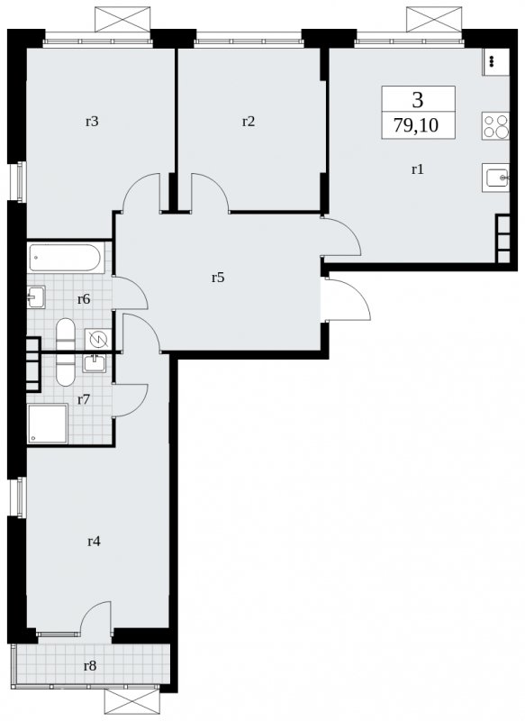 3-комнатная квартира без отделки, 79.1 м2, 7 этаж, сдача 4 квартал 2024 г., ЖК Бунинские кварталы, корпус 2.4 - объявление 1882614 - фото №1