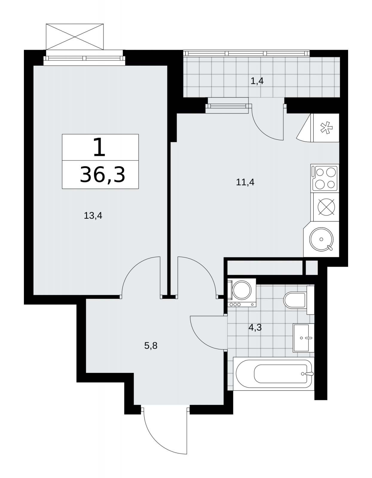1-комнатная квартира без отделки, 36.3 м2, 11 этаж, сдача 4 квартал 2025 г., ЖК Прокшино, корпус 11.1.4 - объявление 2257680 - фото №1