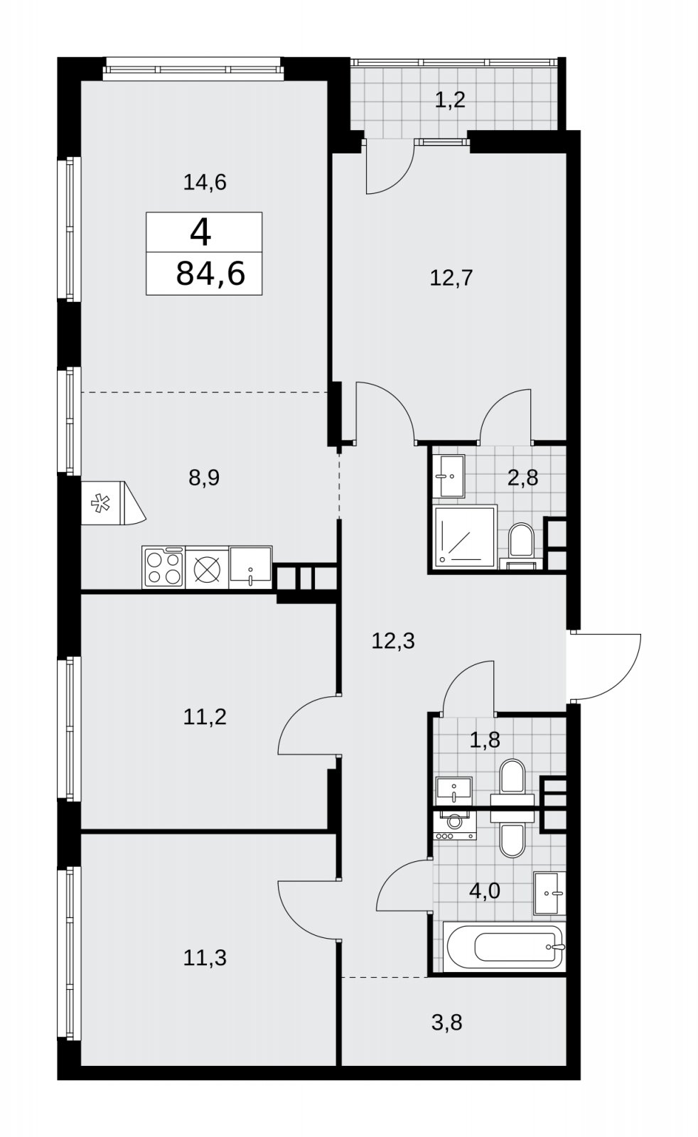 4-комнатная квартира (евро) с частичной отделкой, 84.6 м2, 14 этаж, сдача 2 квартал 2026 г., ЖК Деснаречье, корпус 4.4 - объявление 2264167 - фото №1