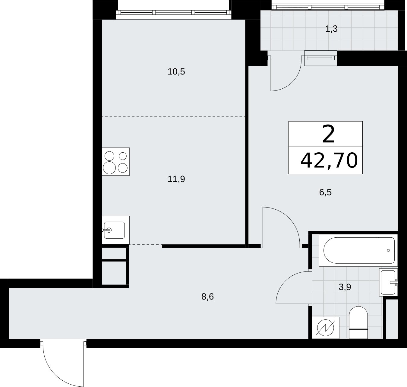 2-комнатная квартира (евро) с полной отделкой, 42.7 м2, 7 этаж, сдача 4 квартал 2026 г., ЖК Родные кварталы, корпус 1.2 - объявление 2317838 - фото №1