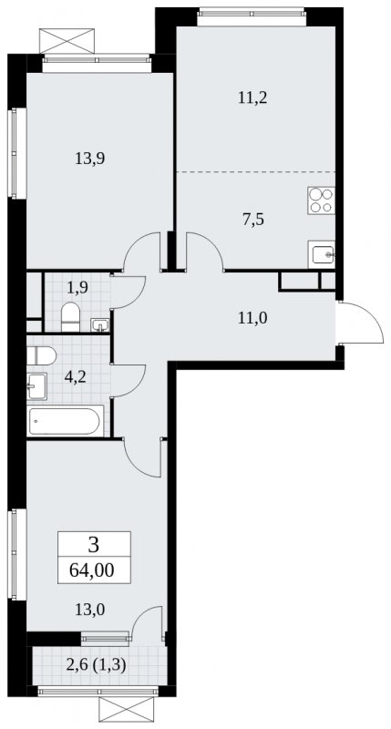 3-комнатная квартира (евро) без отделки, 64 м2, 11 этаж, сдача 1 квартал 2025 г., ЖК Прокшино, корпус 5.2.4 - объявление 1900694 - фото №1