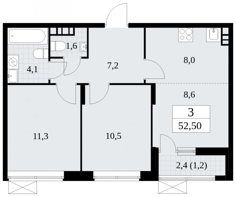 3-комнатная квартира (евро) без отделки, 52.5 м2, 6 этаж, сдача 1 квартал 2025 г., ЖК Прокшино, корпус 5.2.1 - объявление 1750975 - фото №1