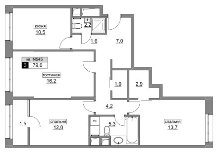 3-комнатная квартира без отделки, 80.1 м2, 6 этаж, дом сдан, ЖК Румянцево-Парк, корпус 2 - объявление 1692344 - фото №1