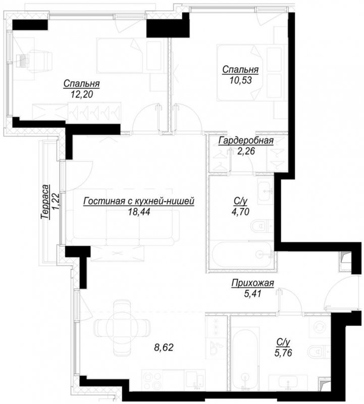 2-комнатная квартира с частичной отделкой, 68.3 м2, 10 этаж, сдача 1 квартал 2023 г., ЖК Hide, корпус RiverSide - объявление 1707091 - фото №1