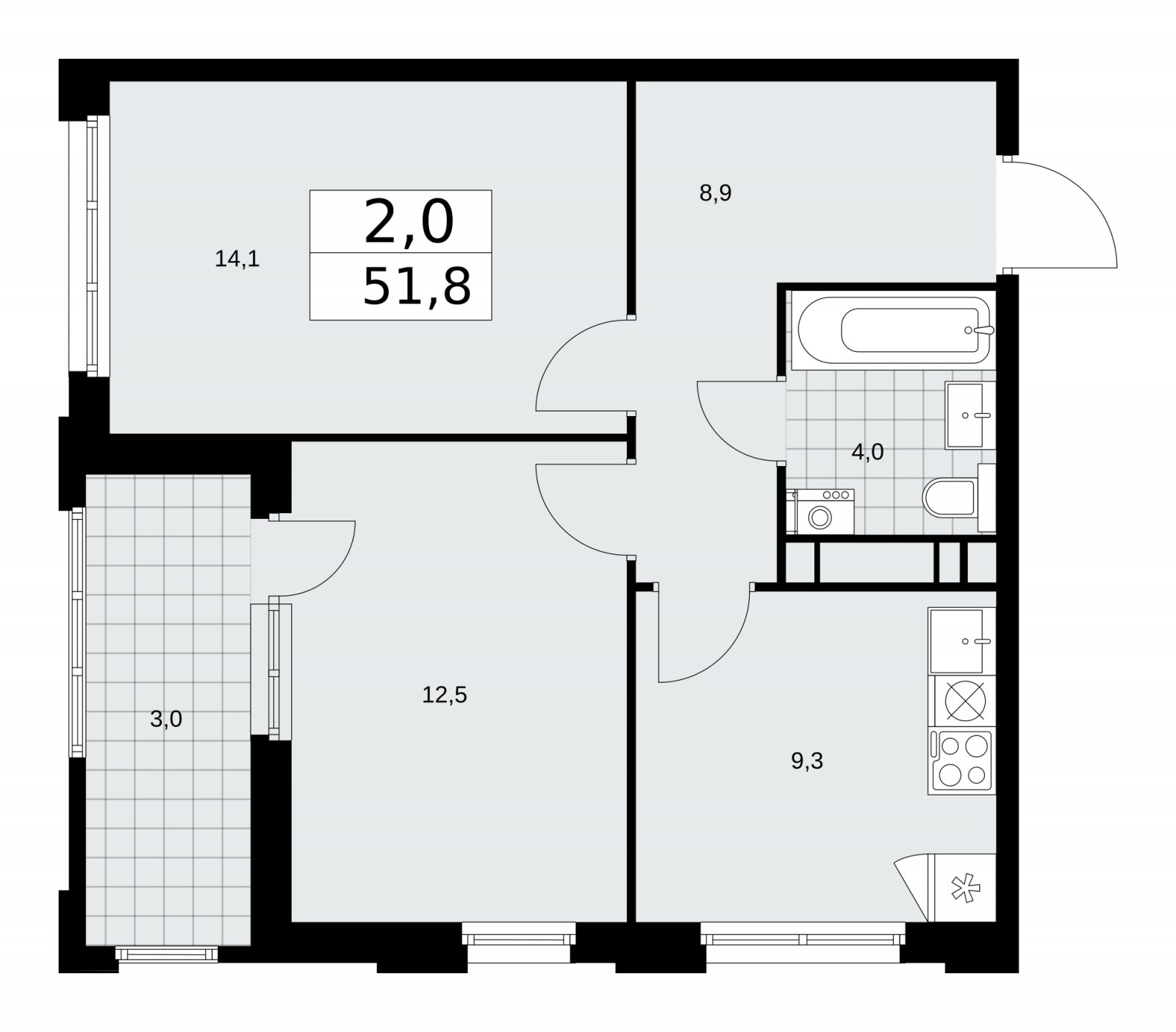 2-комнатная квартира с частичной отделкой, 51.8 м2, 15 этаж, сдача 2 квартал 2026 г., ЖК Дзен-кварталы, корпус 3.5 - объявление 2242570 - фото №1