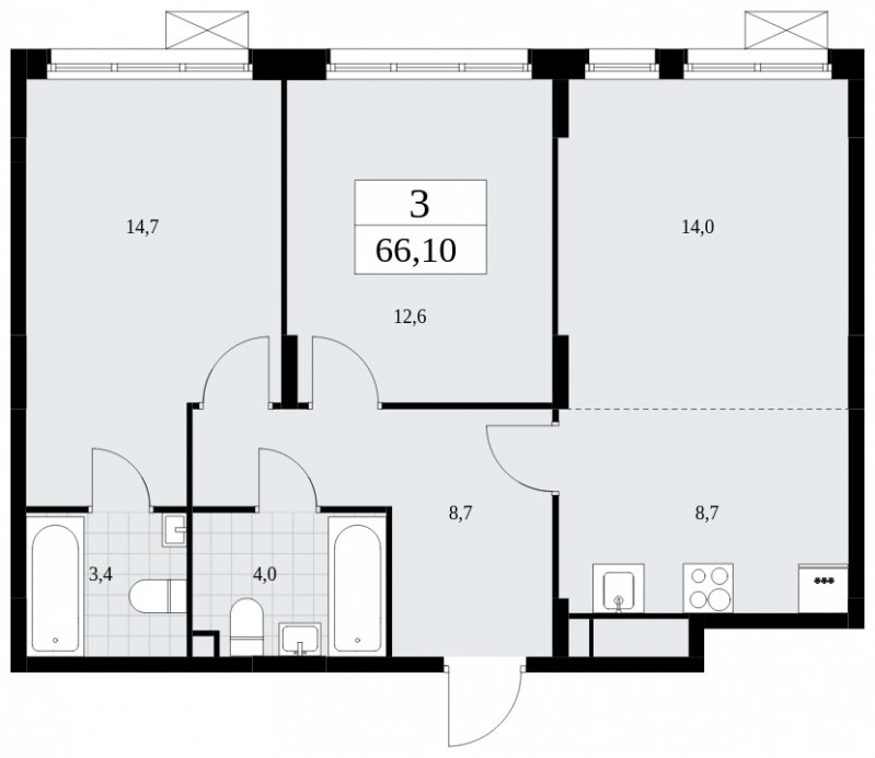 3-комнатная квартира (евро) без отделки, 66.1 м2, 2 этаж, сдача 2 квартал 2025 г., ЖК Дзен-кварталы, корпус 2.4 - объявление 1932778 - фото №1