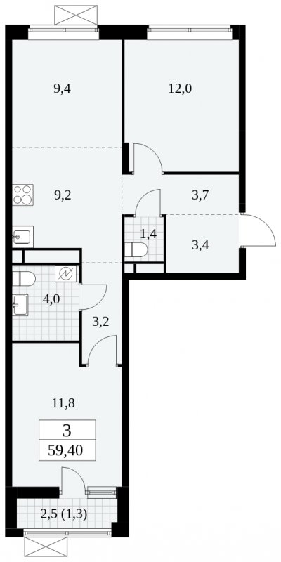 3-комнатная квартира (евро) с частичной отделкой, 59.4 м2, 16 этаж, сдача 2 квартал 2025 г., ЖК Прокшино, корпус 5.1.2 - объявление 1860201 - фото №1