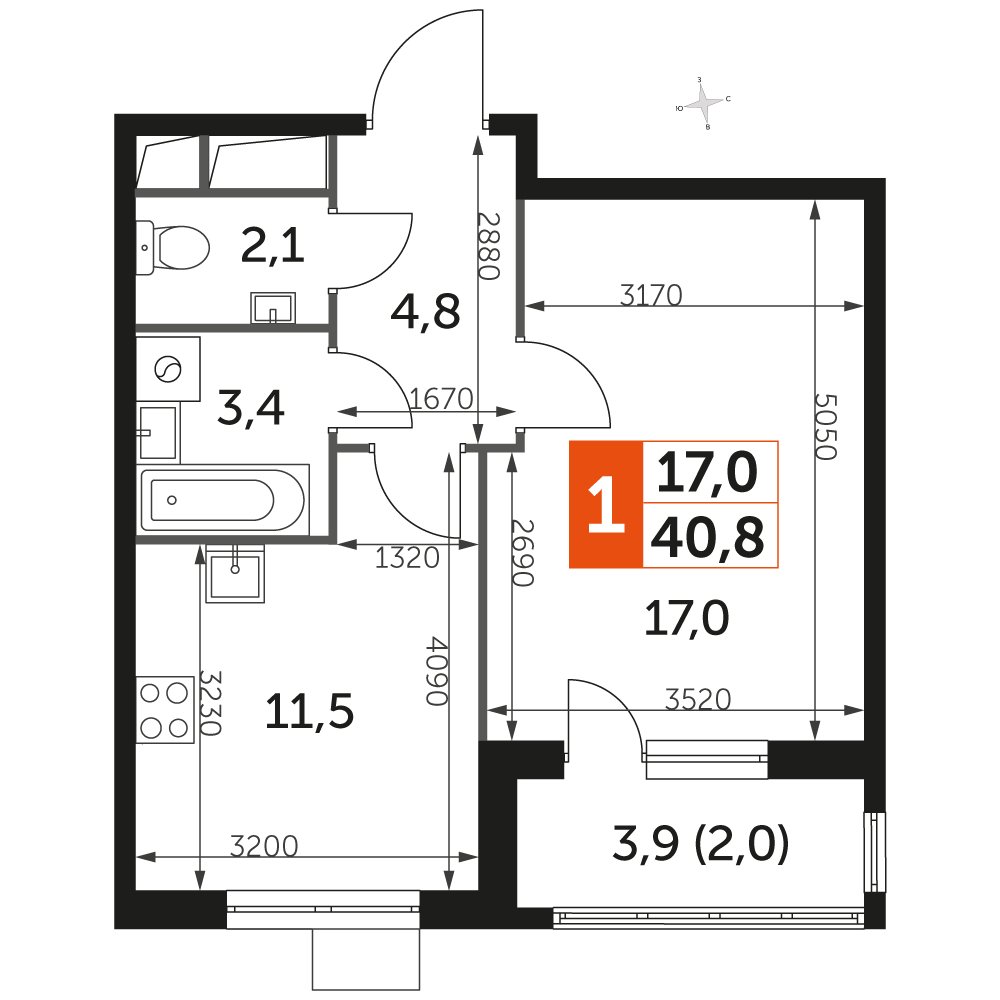 1-комнатная квартира с частичной отделкой, 40.7 м2, 3 этаж, дом сдан, ЖК UP-квартал Римский, корпус 7 - объявление 2359922 - фото №1