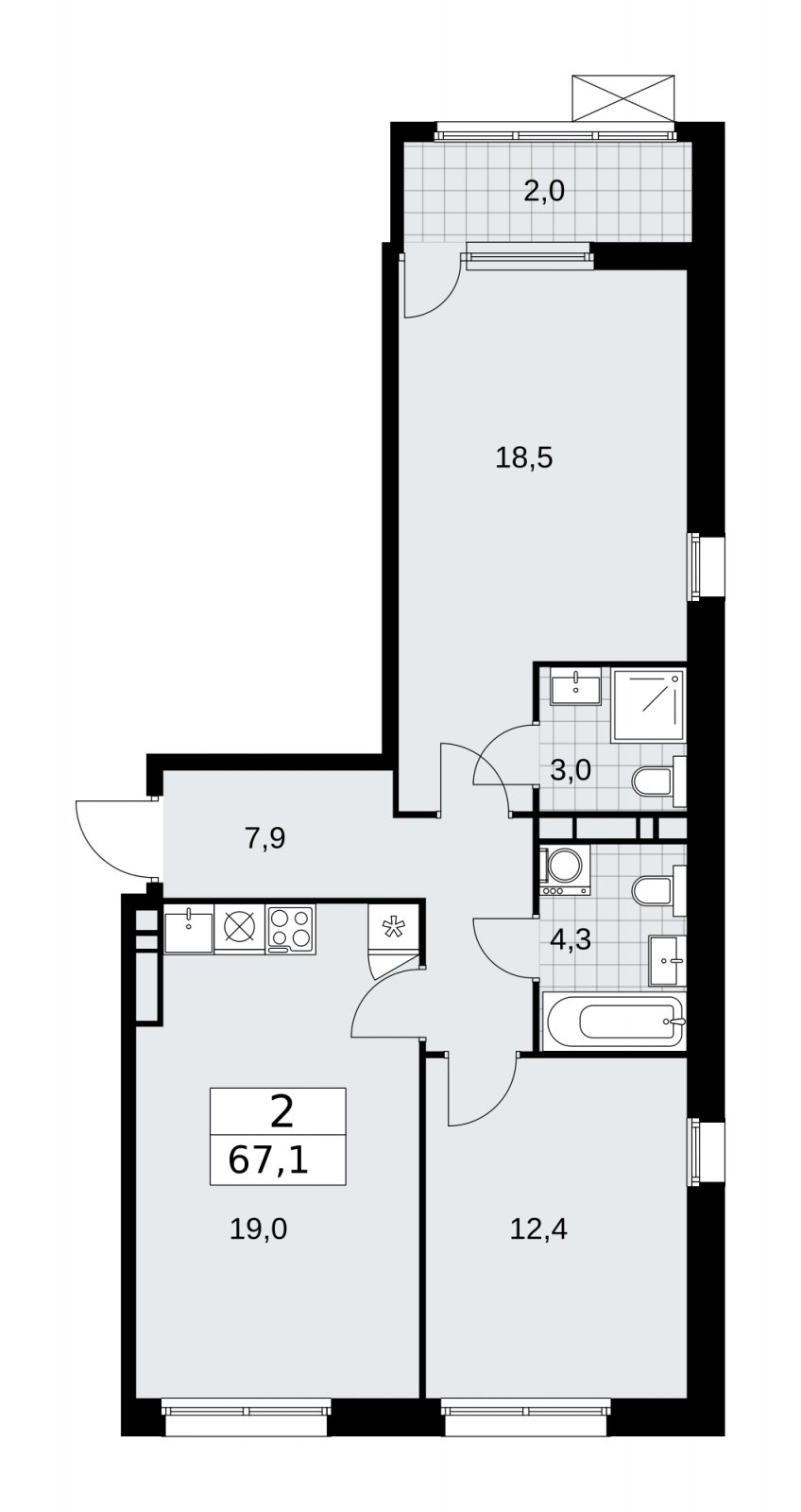 2-комнатная квартира без отделки, 67.1 м2, 10 этаж, сдача 1 квартал 2026 г., ЖК Дзен-кварталы, корпус 4.3 - объявление 2251649 - фото №1
