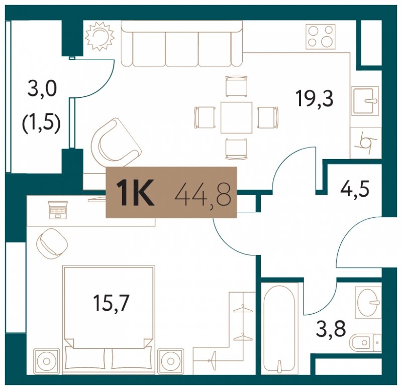 1-комнатная квартира 44.8 м2, 8 этаж, сдача 4 квартал 2022 г., ЖК Настоящее, корпус 1 - объявление 1711383 - фото №1