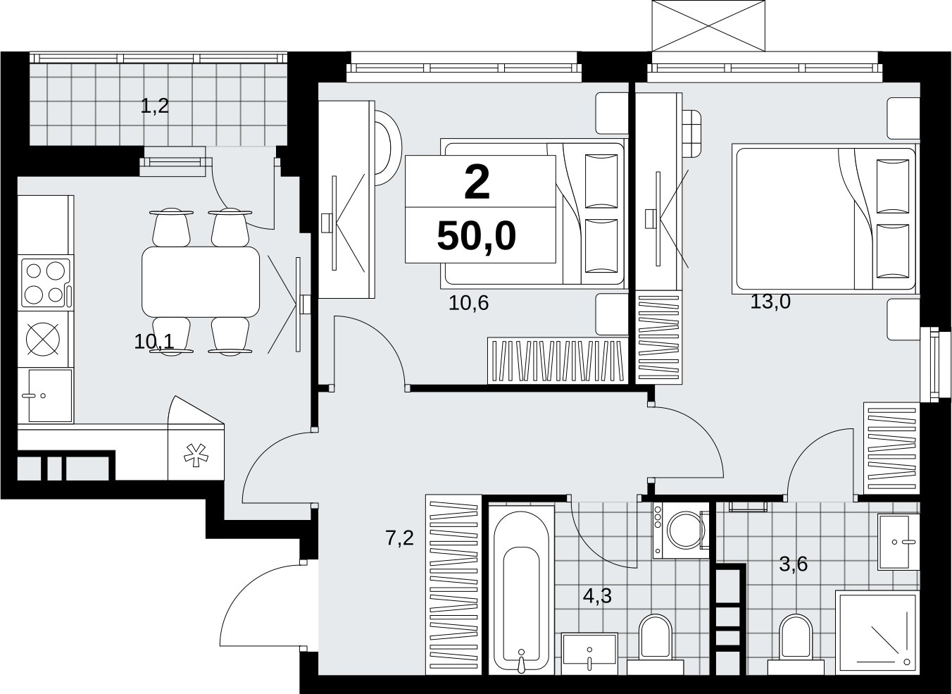 2-комнатная квартира без отделки, 50 м2, 4 этаж, сдача 4 квартал 2026 г., ЖК Скандинавия, корпус 2.18.2.5 - объявление 2351656 - фото №1