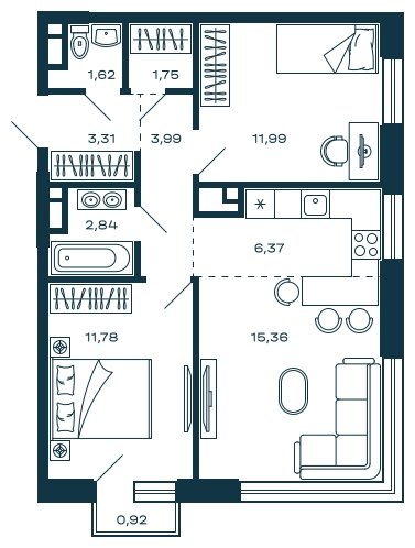 2-комнатная квартира (евро) без отделки, 59.29 м2, 4 этаж, сдача 2 квартал 2025 г., ЖК М_5, корпус 1 - объявление 1916959 - фото №1