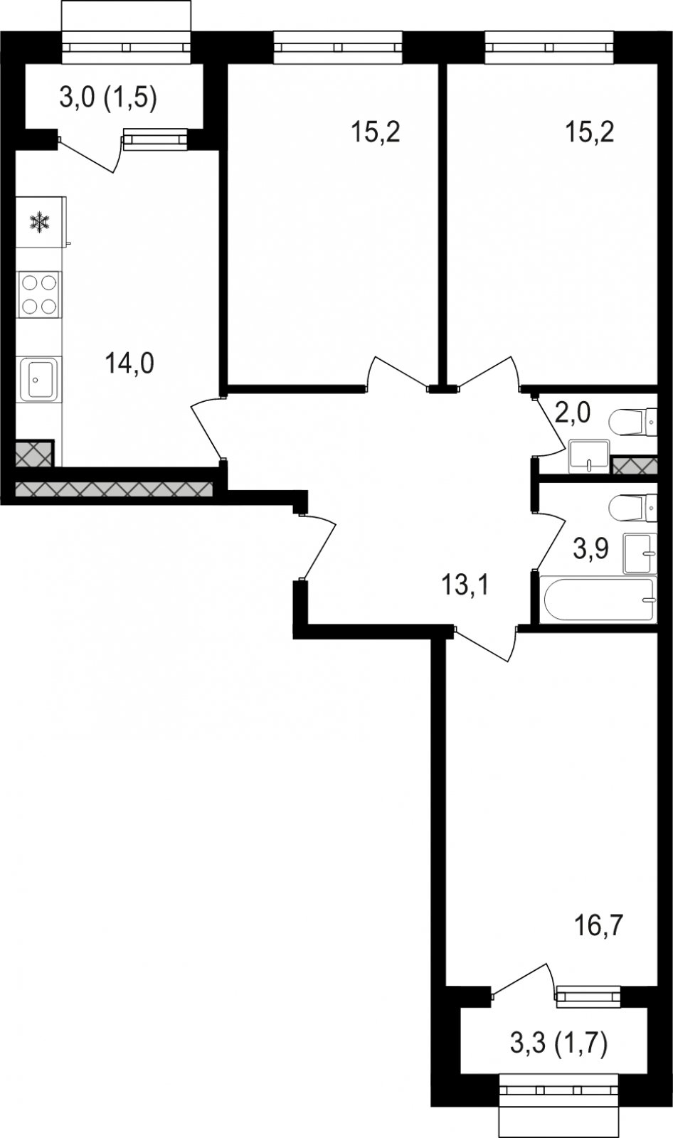 3-комнатная квартира без отделки, 83.3 м2, 9 этаж, сдача 3 квартал 2024 г., ЖК Михалковский, корпус 3 - объявление 2042005 - фото №1
