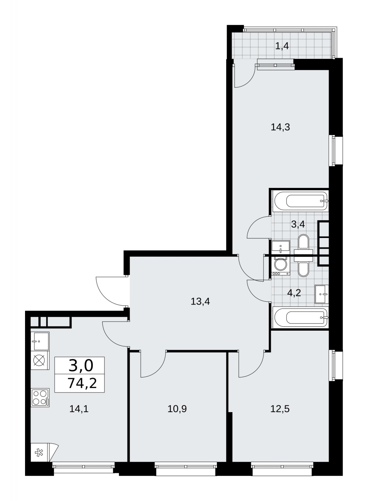 3-комнатная квартира без отделки, 74.2 м2, 12 этаж, сдача 1 квартал 2026 г., ЖК Дзен-кварталы, корпус 3.2 - объявление 2241356 - фото №1