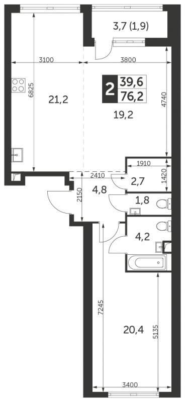 2-комнатная квартира с частичной отделкой, 76.2 м2, 19 этаж, сдача 4 квартал 2023 г., ЖК Архитектор, корпус 1 - объявление 1694292 - фото №1