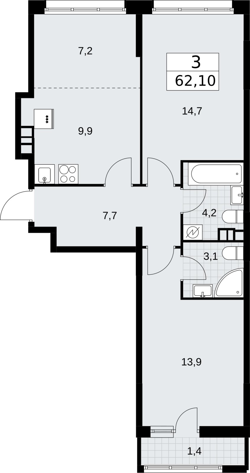 3-комнатная квартира (евро) с полной отделкой, 62.1 м2, 4 этаж, сдача 4 квартал 2026 г., ЖК Родные кварталы, корпус 3.3 - объявление 2378460 - фото №1