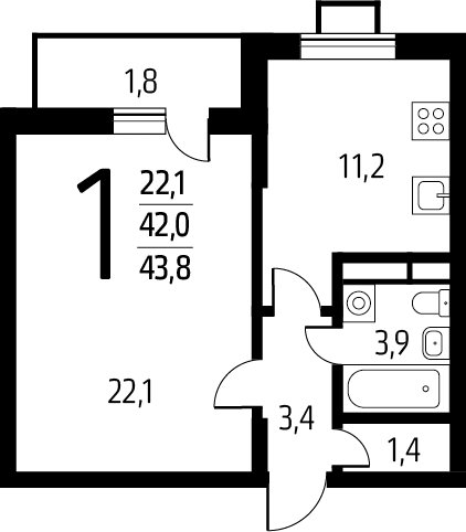 1-комнатная квартира с полной отделкой, 43.8 м2, 11 этаж, сдача 1 квартал 2025 г., ЖК Новые Ватутинки. Заречный, корпус 5/2 - объявление 2271947 - фото №1