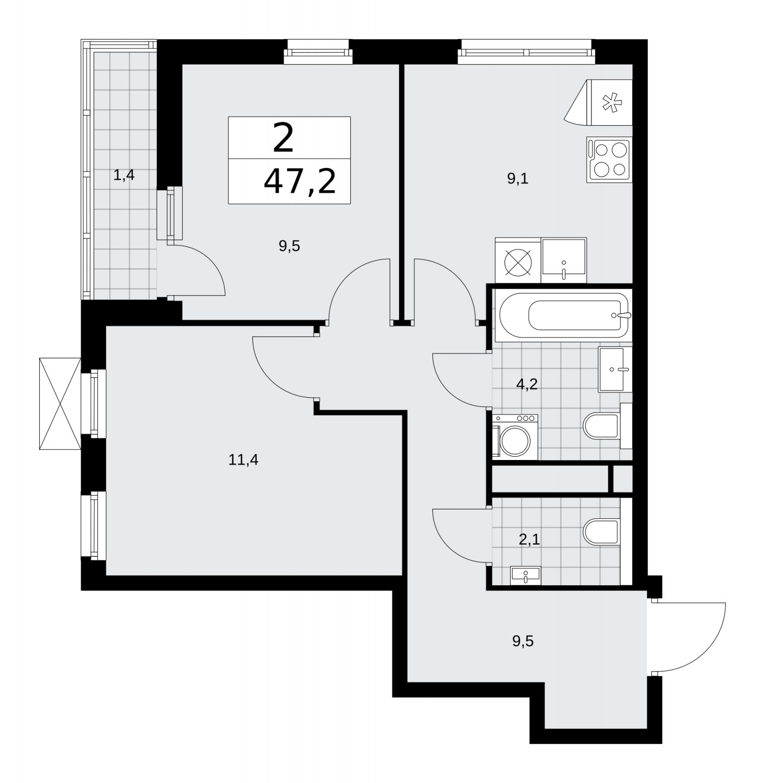 2-комнатная квартира без отделки, 47.2 м2, 11 этаж, сдача 1 квартал 2026 г., ЖК Прокшино, корпус 11.2.1 - объявление 2269965 - фото №1