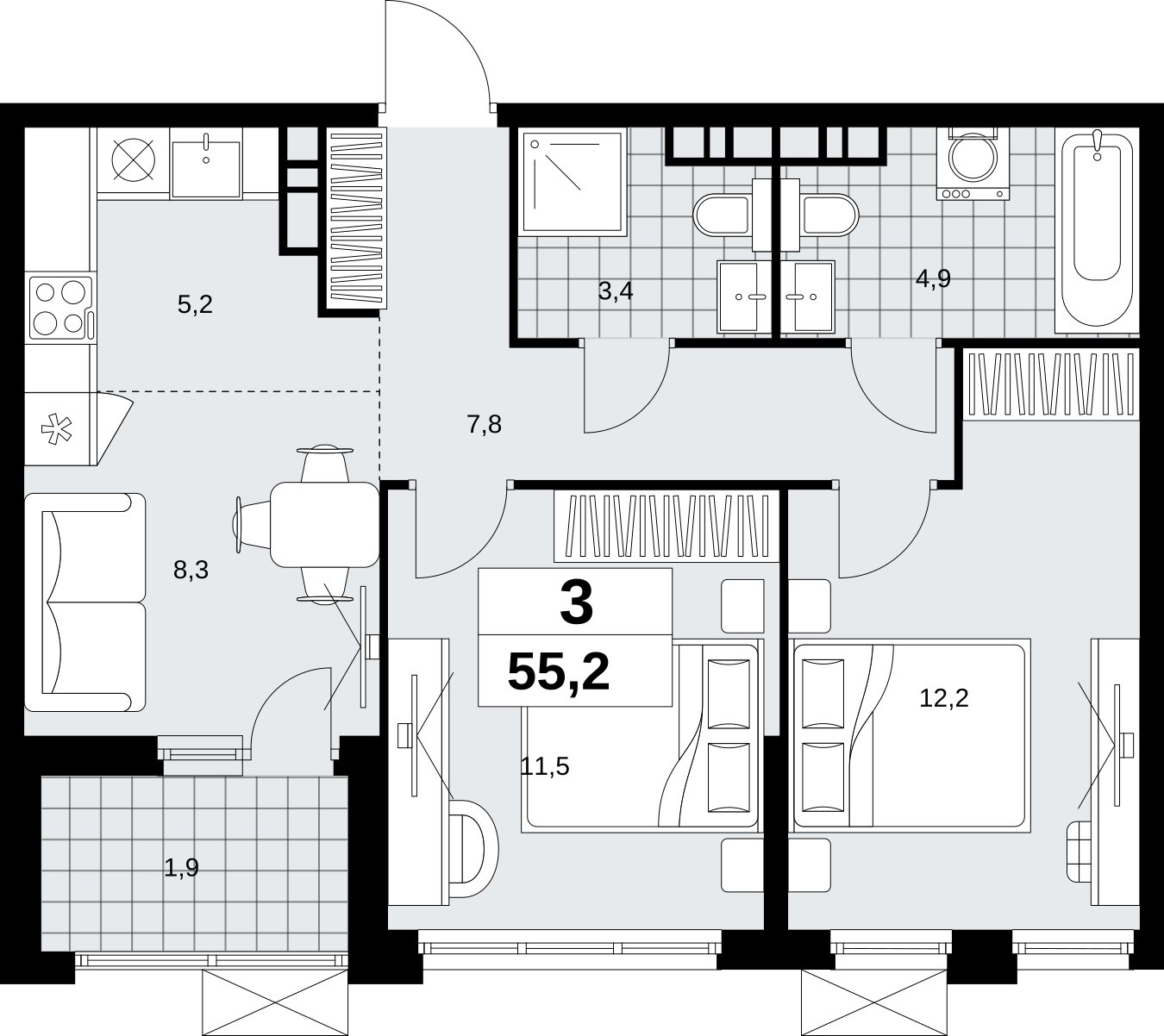 3-комнатная квартира (евро) с полной отделкой, 55.2 м2, 16 этаж, сдача 1 квартал 2027 г., ЖК Скандинавия, корпус 2.18.2.3 - объявление 2351454 - фото №1