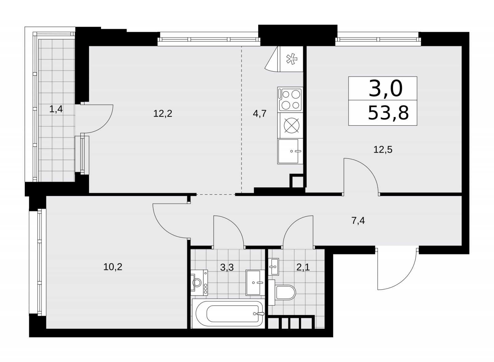 3-комнатная квартира (евро) без отделки, 53.8 м2, 4 этаж, сдача 1 квартал 2026 г., ЖК Прокшино, корпус 10.1.1 - объявление 2226673 - фото №1