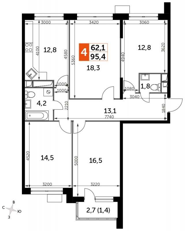 4-комнатная квартира без отделки, 95.4 м2, 6 этаж, сдача 4 квартал 2023 г., ЖК Датский квартал, корпус 2 - объявление 1695704 - фото №1
