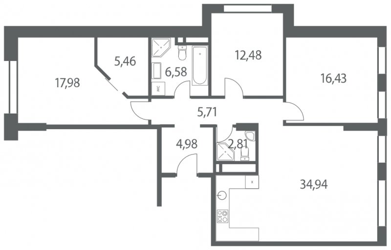 3-комнатная квартира без отделки, 107.37 м2, 15 этаж, сдача 4 квартал 2022 г., ЖК Headliner, корпус 10 - объявление 1299499 - фото №1