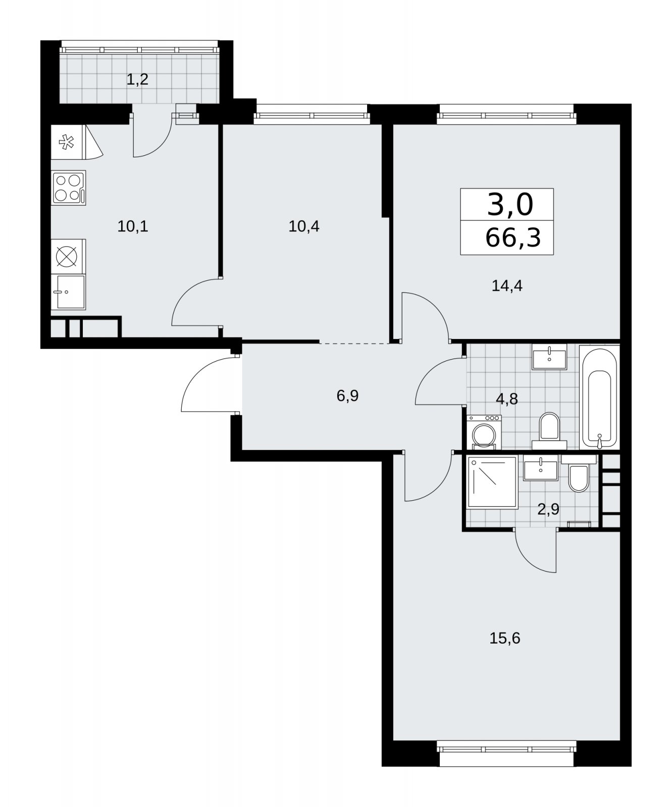 3-комнатная квартира с частичной отделкой, 66.3 м2, 8 этаж, сдача 2 квартал 2026 г., ЖК Дзен-кварталы, корпус 3.4 - объявление 2242159 - фото №1
