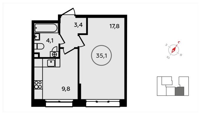1-комнатная квартира без отделки, 35.1 м2, 2 этаж, сдача 3 квартал 2024 г., ЖК Скандинавия, корпус 22.2 - объявление 1625418 - фото №1
