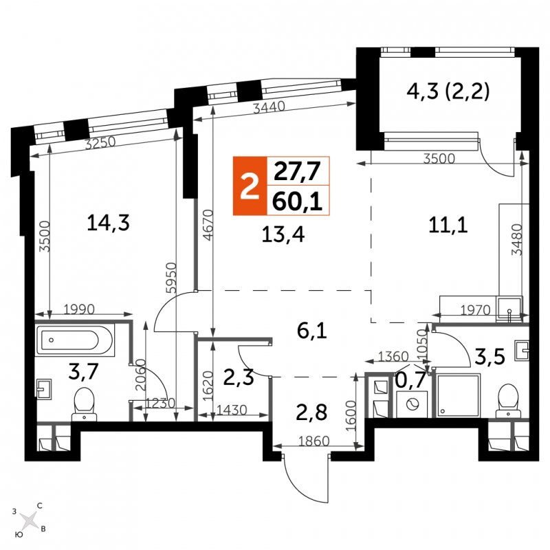 2-комнатная квартира с частичной отделкой, 60.2 м2, 10 этаж, сдача 4 квартал 2024 г., ЖК ROTTERDAM, корпус 2.1 - объявление 1954418 - фото №1