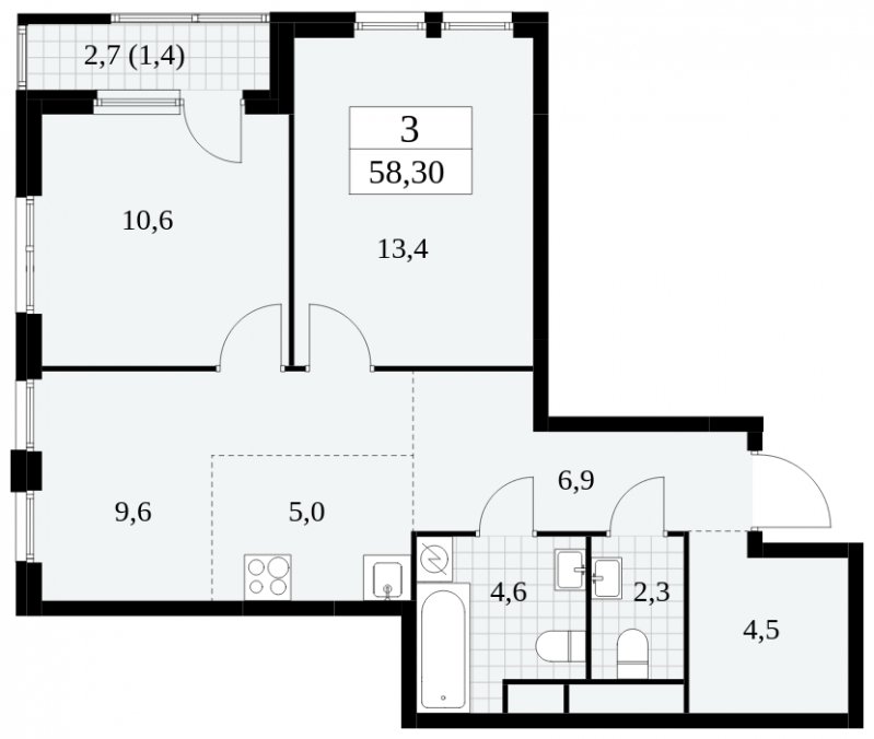 3-комнатная квартира (евро) с частичной отделкой, 58.3 м2, 20 этаж, сдача 2 квартал 2025 г., ЖК Южные сады, корпус 2.2 - объявление 1757603 - фото №1