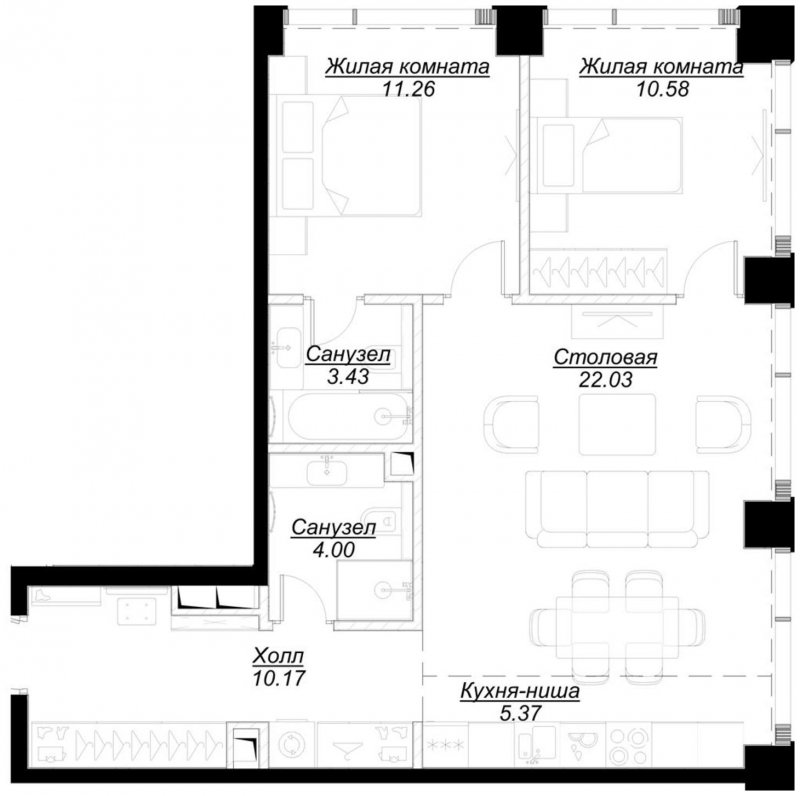 2-комнатная квартира с частичной отделкой, 66.65 м2, 24 этаж, сдача 4 квартал 2024 г., ЖК MOD, корпус Mod.D - объявление 1788461 - фото №1