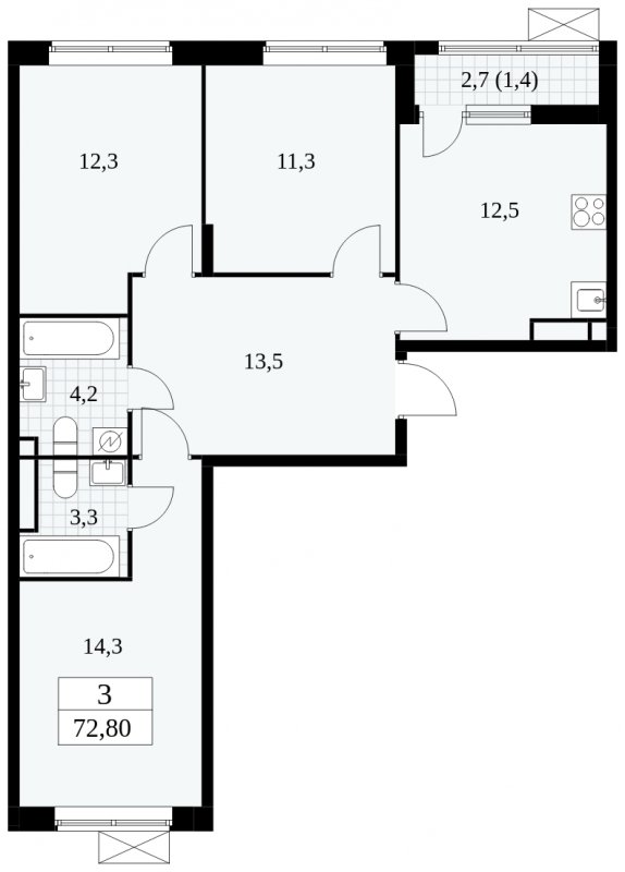 3-комнатная квартира без отделки, 72.8 м2, 12 этаж, сдача 1 квартал 2025 г., ЖК Прокшино, корпус 5.1.4 - объявление 1810999 - фото №1