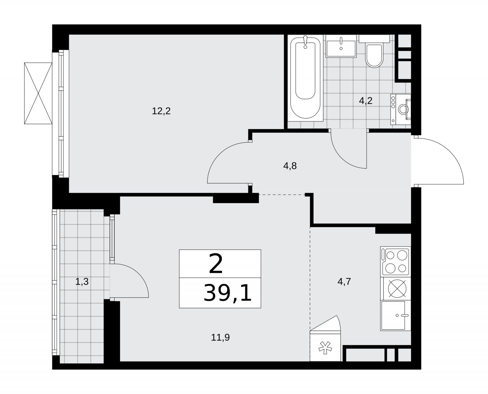 2-комнатная квартира (евро) с полной отделкой, 39.1 м2, 9 этаж, сдача 2 квартал 2026 г., ЖК Деснаречье, корпус 4.8 - объявление 2265236 - фото №1