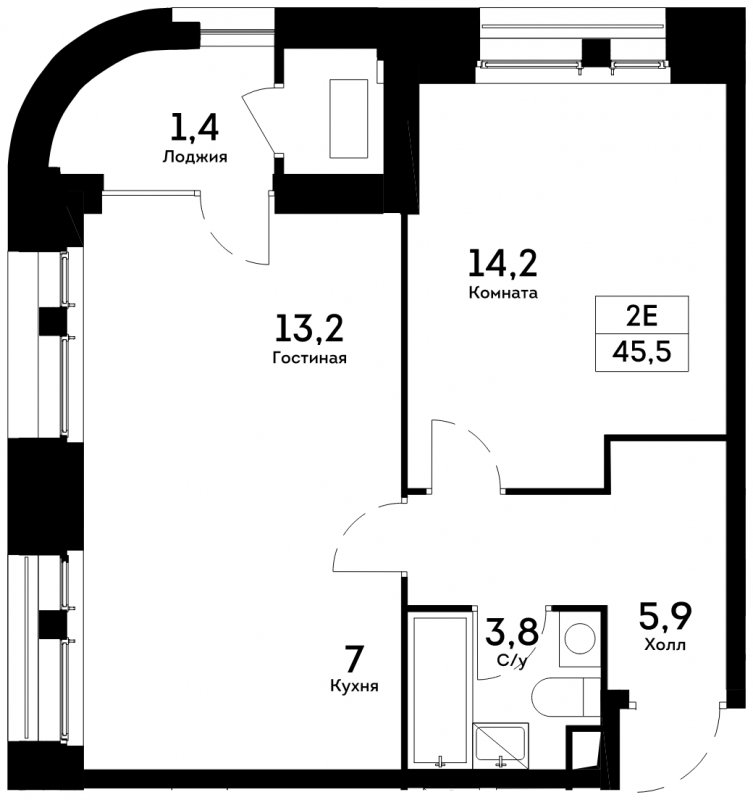 2-комнатная квартира 45.5 м2, 3 этаж, сдача 4 квартал 2022 г., ЖК Квартал на набережной NOW, корпус 2.7 - объявление 1856547 - фото №1