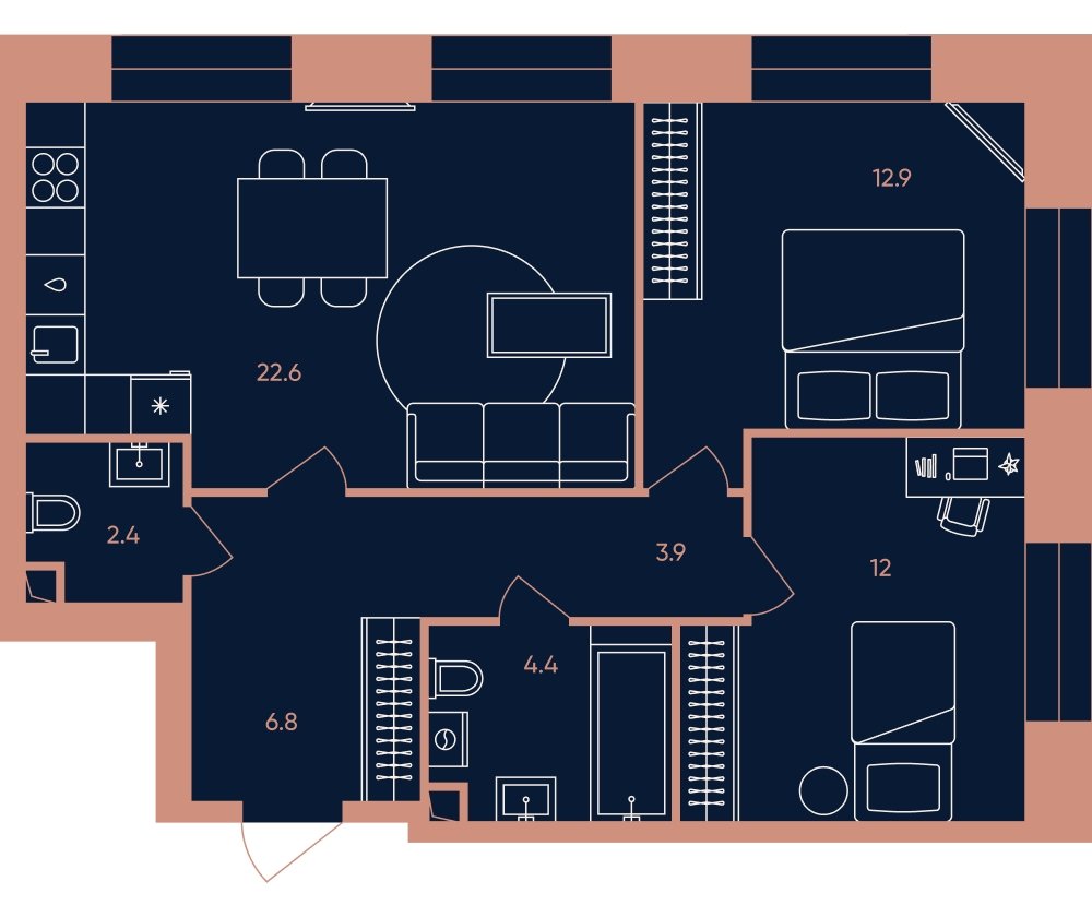3-комнатная квартира без отделки, 65 м2, 8 этаж, сдача 3 квартал 2026 г., ЖК ERA, корпус 3 - объявление 2332469 - фото №1