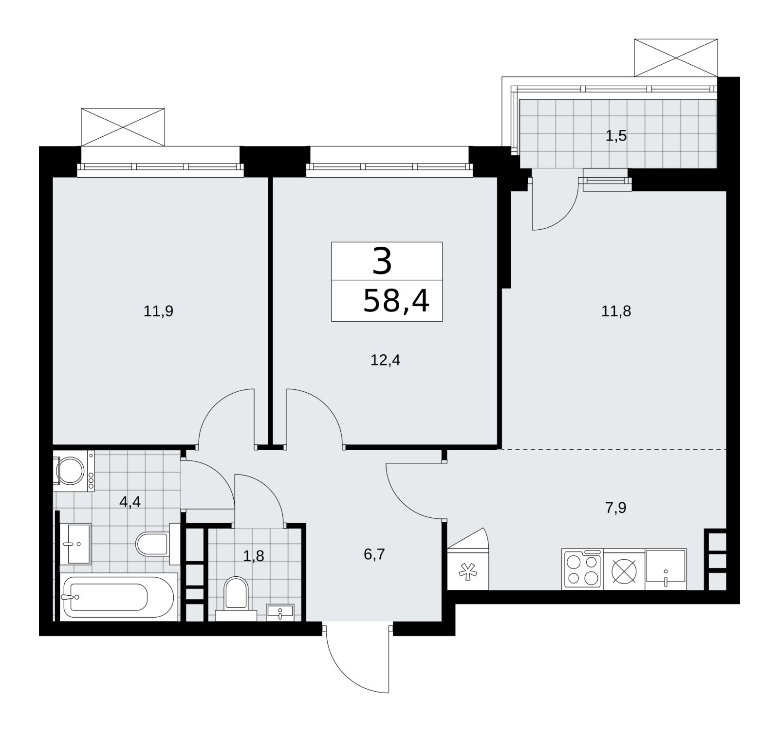 3-комнатная квартира (евро) с частичной отделкой, 58.4 м2, 4 этаж, сдача 2 квартал 2026 г., ЖК Скандинавия, корпус 25.1 - объявление 2283338 - фото №1