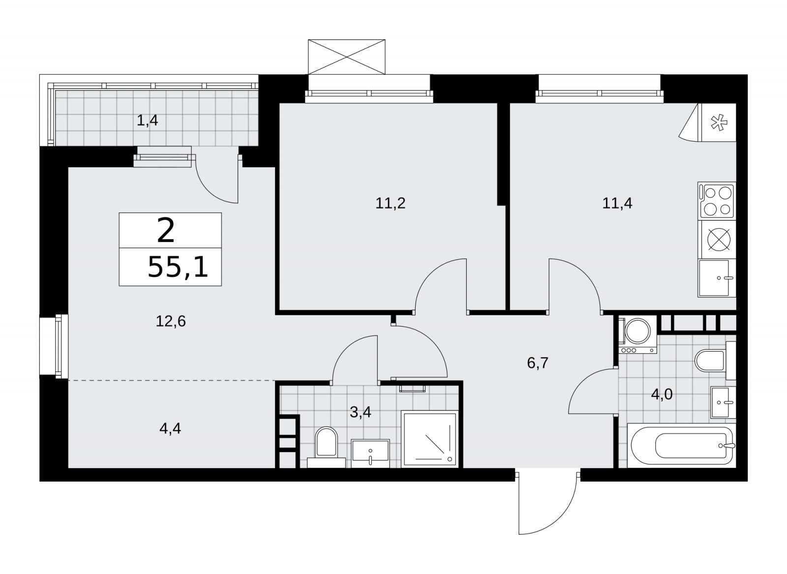 2-комнатная квартира без отделки, 55.1 м2, 5 этаж, сдача 2 квартал 2026 г., ЖК Скандинавия, корпус 25.4 - объявление 2284036 - фото №1