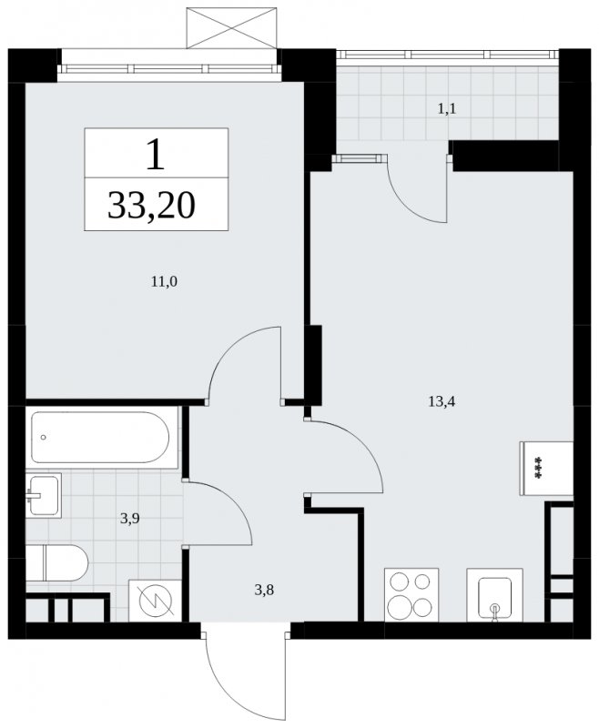 1-комнатная квартира с частичной отделкой, 33.2 м2, 9 этаж, сдача 1 квартал 2025 г., ЖК Дзен-кварталы, корпус 1.2 - объявление 1895797 - фото №1