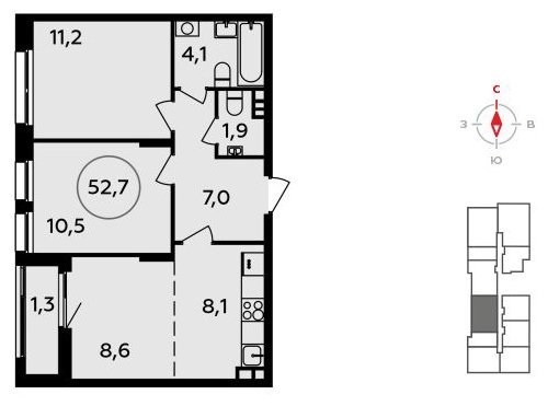3-комнатная квартира (евро) с полной отделкой, 52.7 м2, 3 этаж, сдача 4 квартал 2023 г., ЖК Прокшино, корпус 4.2 - объявление 1497924 - фото №1