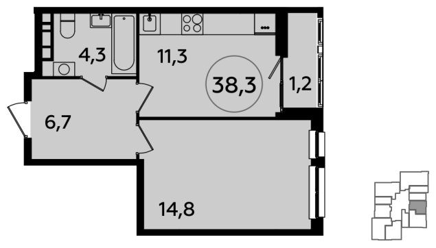 1-комнатная квартира без отделки, 38.3 м2, 14 этаж, сдача 1 квартал 2024 г., ЖК Южные сады, корпус 1.3 - объявление 1512343 - фото №1