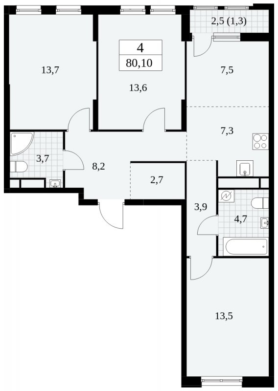 4-комнатная квартира (евро) с частичной отделкой, 80.1 м2, 9 этаж, сдача 2 квартал 2025 г., ЖК Южные сады, корпус 2.1 - объявление 1760128 - фото №1