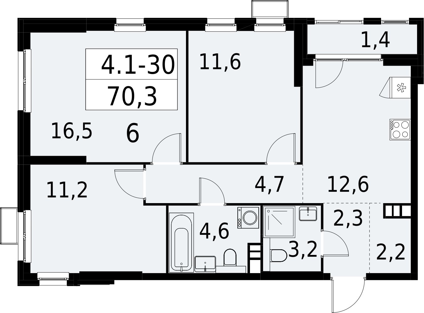 3-комнатная квартира с полной отделкой, 70.3 м2, 6 этаж, сдача 2 квартал 2027 г., ЖК Южные сады, корпус 4.1.1 - объявление 2392571 - фото №1