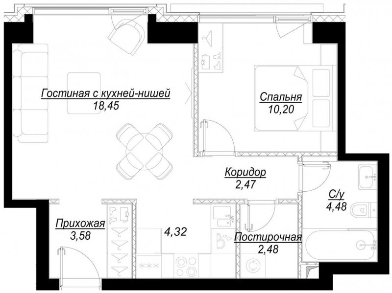 1-комнатная квартира с частичной отделкой, 46 м2, 13 этаж, сдача 1 квартал 2023 г., ЖК Hide, корпус RiverSide - объявление 1756842 - фото №1