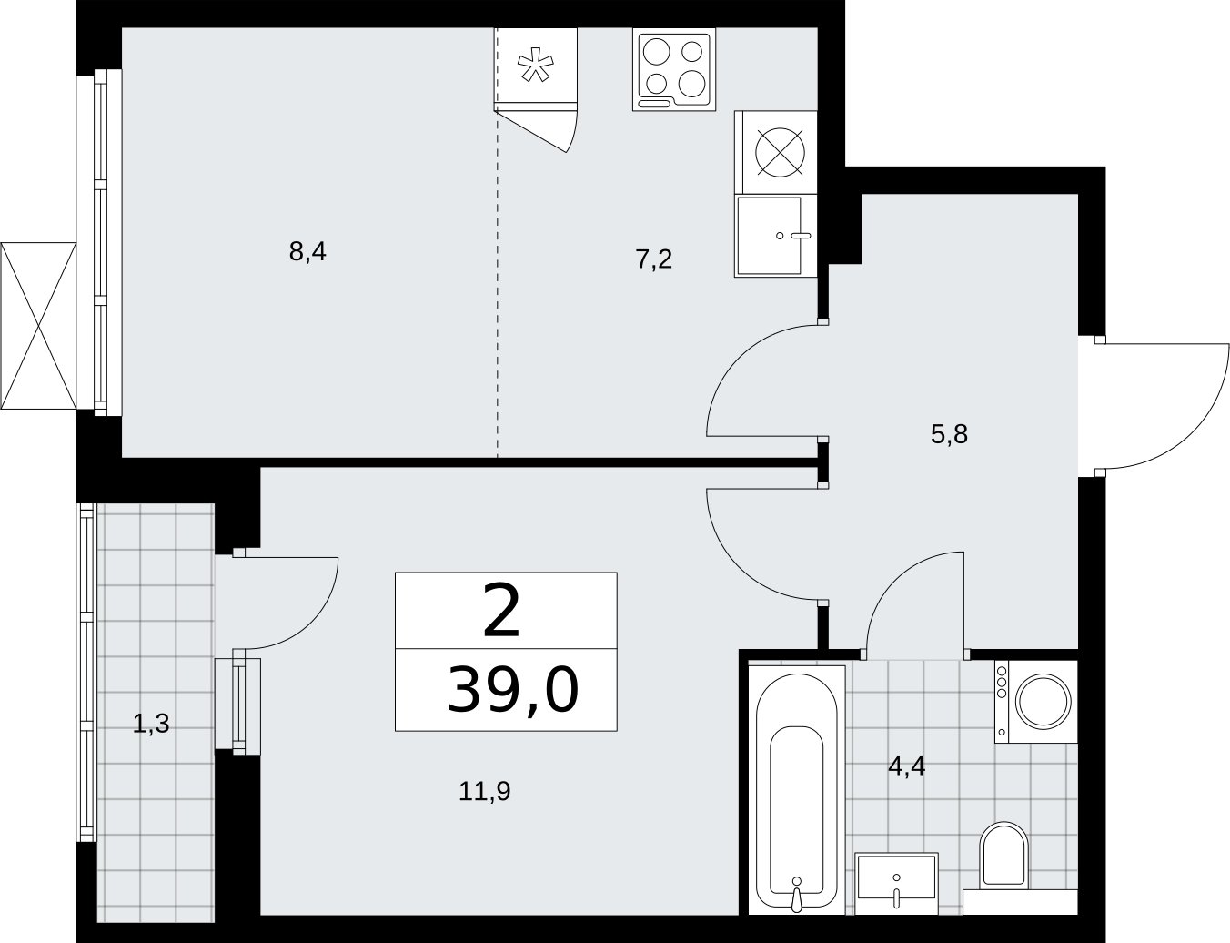 2-комнатная квартира (евро) без отделки, 39 м2, 3 этаж, сдача 2 квартал 2026 г., ЖК Бунинские кварталы, корпус 7.3 - объявление 2313842 - фото №1
