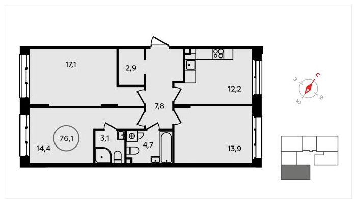 3-комнатная квартира без отделки, 76.1 м2, 2 этаж, сдача 3 квартал 2024 г., ЖК Скандинавия, корпус 2.22.2 - объявление 1625343 - фото №1